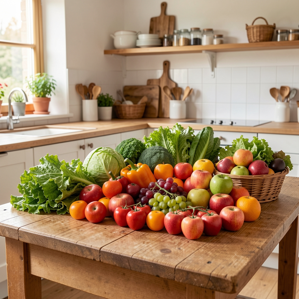 Frische, bunte Gemüse- und Obstauswahl auf einem Holztisch – ausgewogene Ernährung, natürliche Lebensmittel in einem hellen Schweizer Küchenumfeld