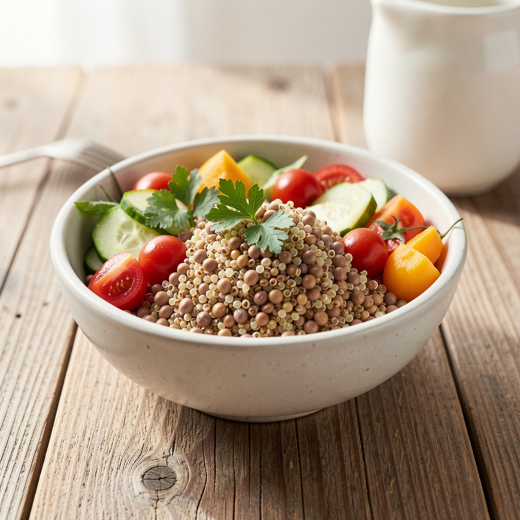Gesundes Mittagessen in einer Schüssel: Quinoa, Kichererbsen, frisches Gemüse und Kräuter auf einem Holztisch in hellem Umfeld