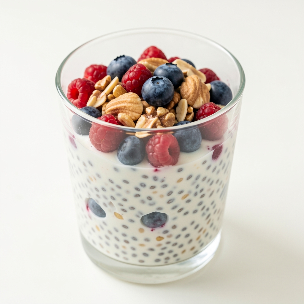 Chia-Pudding mit Beeren und Nüssen im Glas, gesundes Frühstück, Nahaufnahme auf hellem Hintergrund