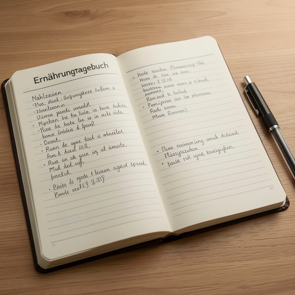 Ernährungstagebuch aufgeschlagen mit handschriftlichen Notizen zu Mahlzeiten und Flüssigkeitszufuhr, Kugelschreiber daneben